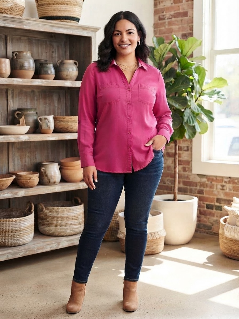 intro. Long-Sleeve Button-Down Shirt in Fuchsia Pink